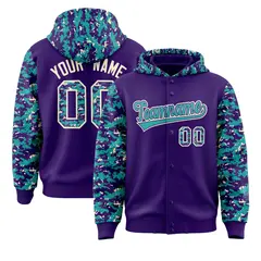 Purple Aqua-Cream Raglan Sleeves Camo Varsity Full-Snap Letterman Jacket 1
