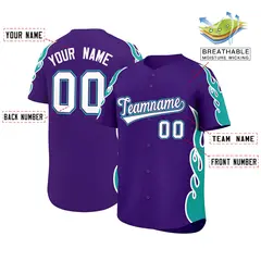 Purple Aqua Flame Outline Side Pattern Baseball Jersey 2