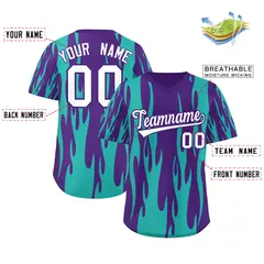 Purple Aqua Flame Pattern Authentic Pullover Baseball Jersey 2
