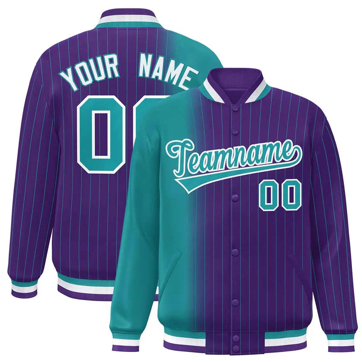Purple Aqua Gradient Pinstripe Varsity Full-Snap Letterman Baseball Jacket