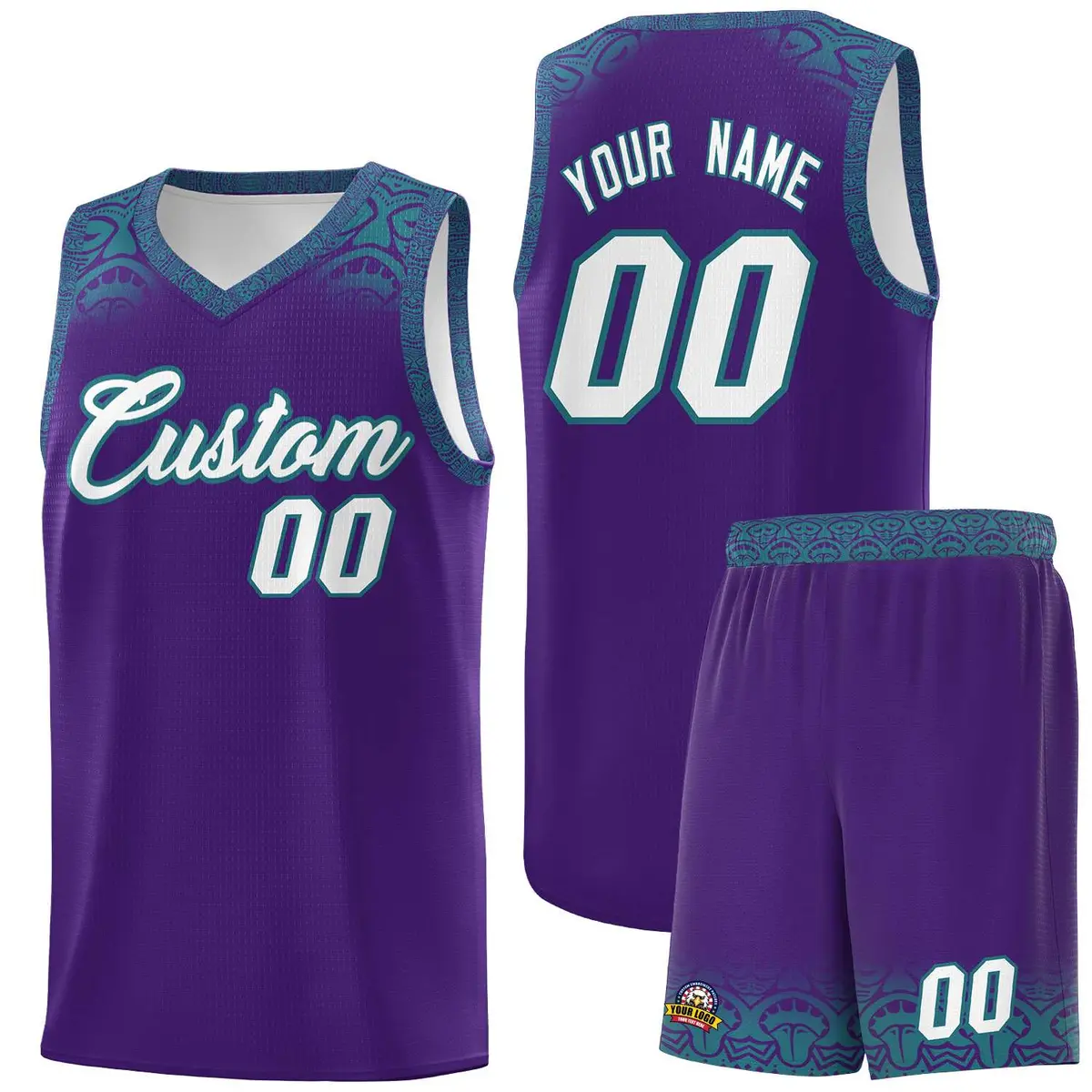 Purple Aqua Indians Print Basketball Uniform Jersey