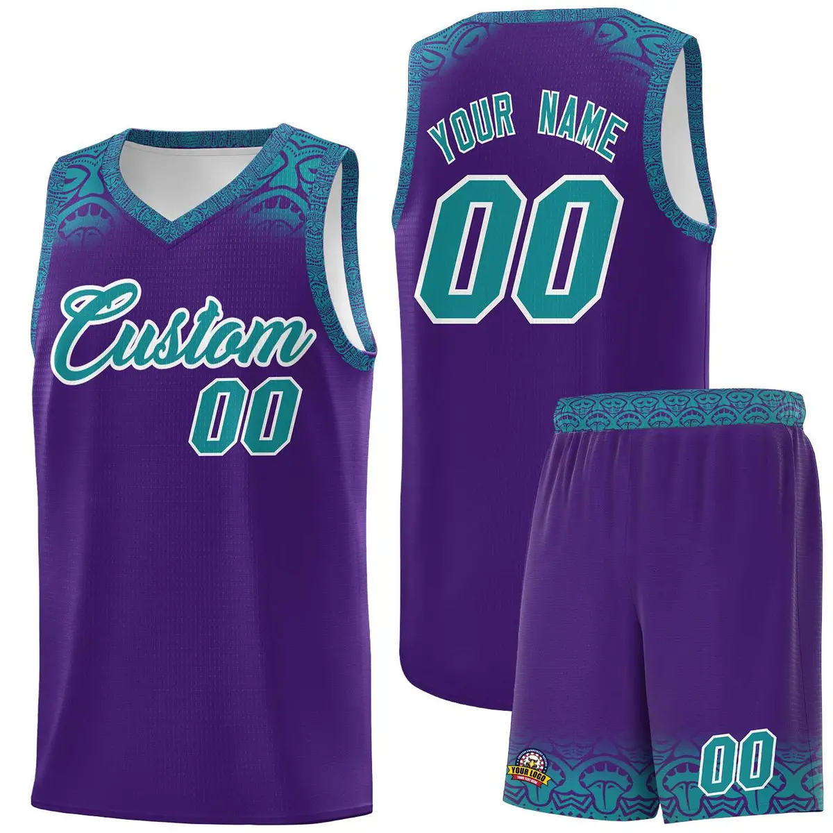 Purple Aqua Indians Print Basketball Uniform Jersey