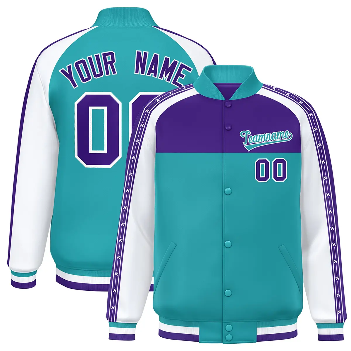 Purple Aqua K-Ribbon Raglan Color Block Full-Snap Letterman Jacket