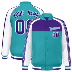 Purple Aqua K-Ribbon Raglan Color Block Full-Snap Letterman Jacket