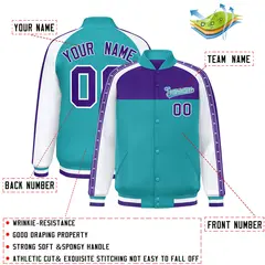 Purple Aqua K-Ribbon Raglan Color Block Full-Snap Letterman Jacket 2