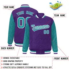 Purple Aqua L Pattern Raglan Sleeves Varsity Letterman Jacket 2