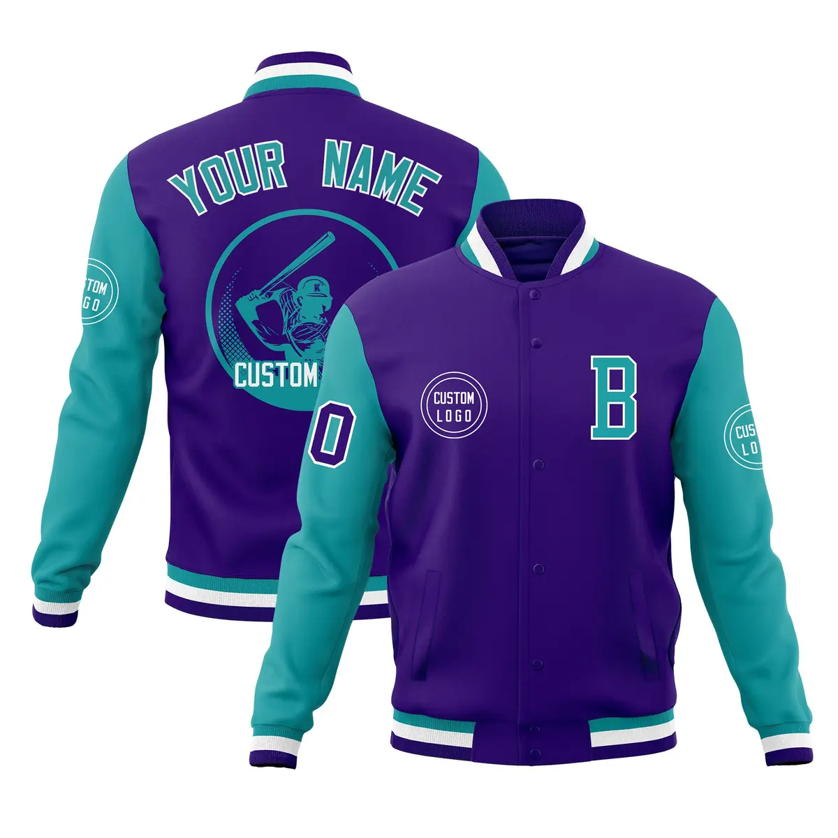 Purple Aqua Raglan Full-Snap Varsity Letterman Baseball Jacket