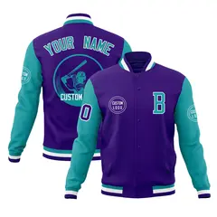 Purple Aqua Raglan Full-Snap Varsity Letterman Baseball Jacket