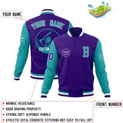 Purple Aqua Raglan Full-Snap Varsity Letterman Baseball Jacket 4