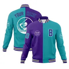 Purple Aqua Split Letterman Full-Snap Varsity Baseball Jacket