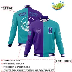 Purple Aqua Split Letterman Full-Snap Varsity Baseball Jacket 4