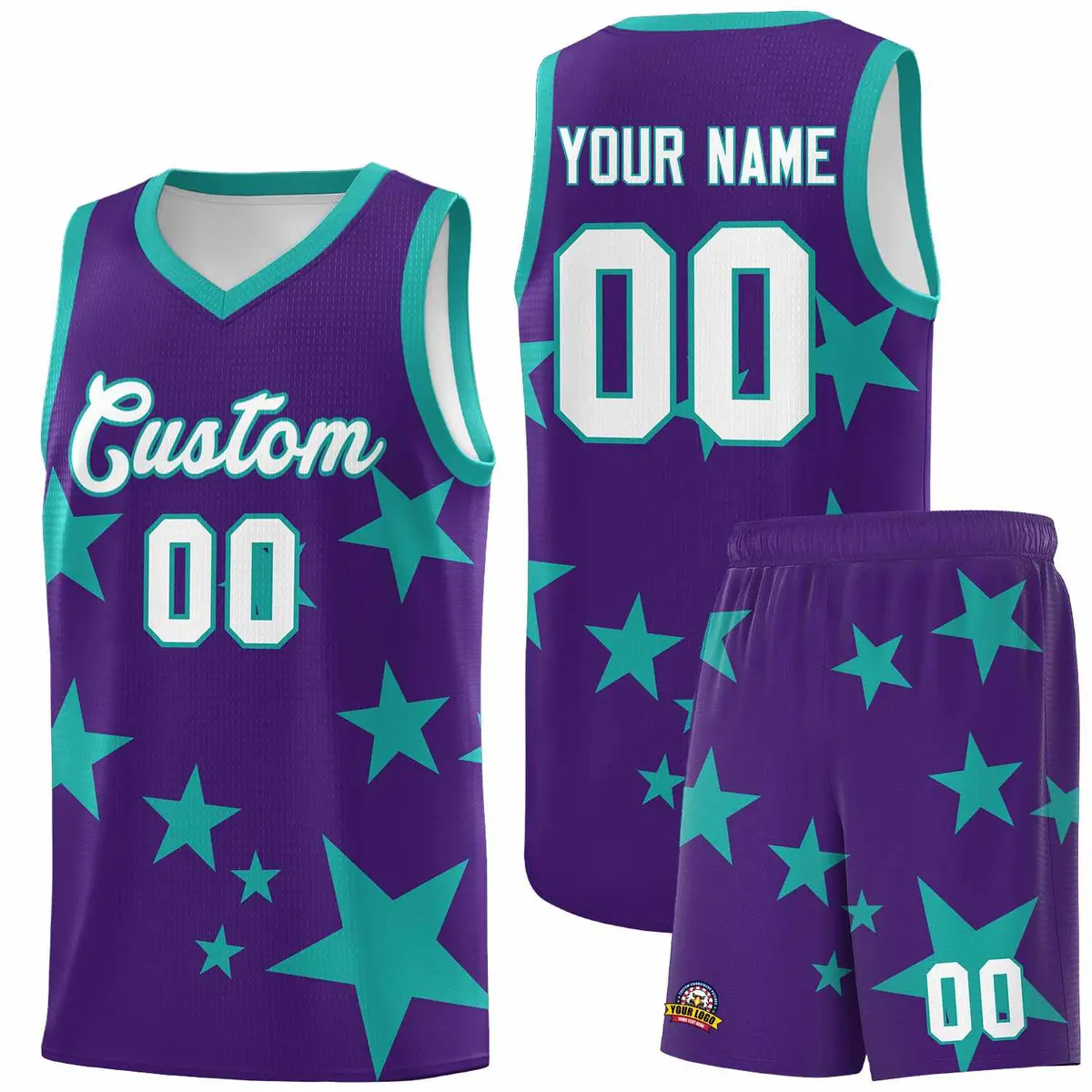 Purple Aqua Star Graffiti Basketball Jersey Sets