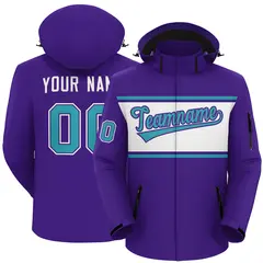 Purple Aqua-White Color Block Hooded Waterproof Jacket 1