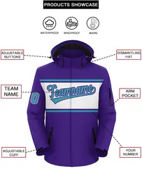 Purple Aqua-White Color Block Hooded Waterproof Jacket 2