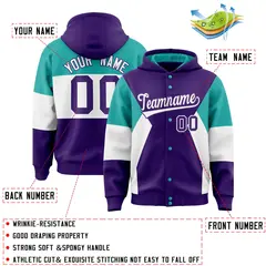 Purple Aqua-White Color Block Varsity Full-Snap Letterman Jacket Hoodie 4