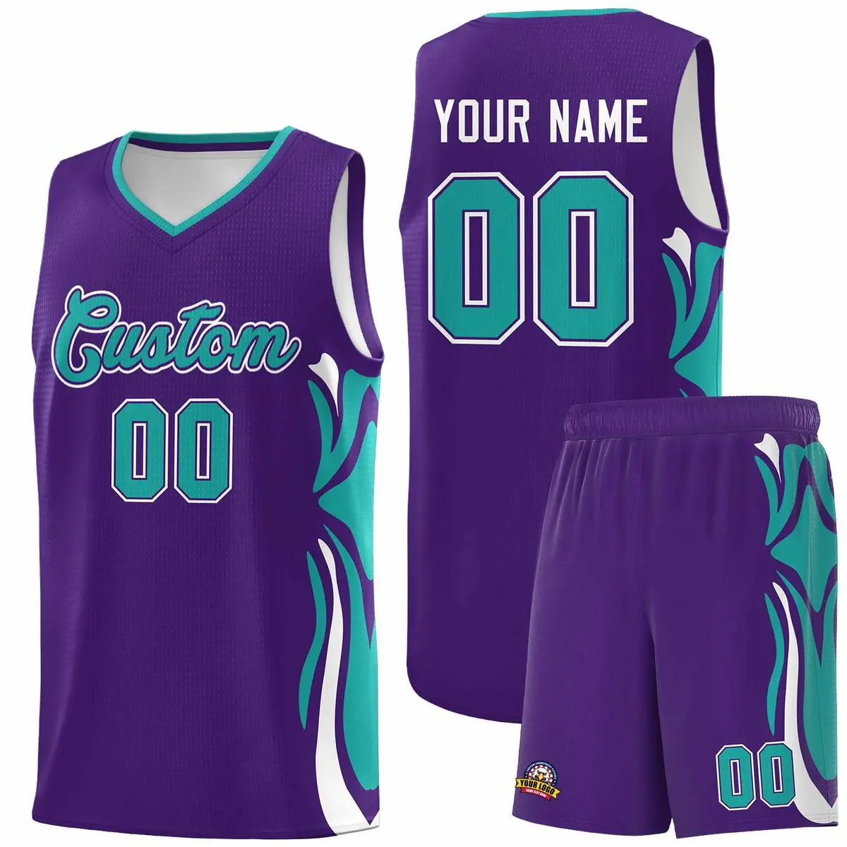 Purple Aqua White Graffiti Side Curve Basketball Jersey Sets