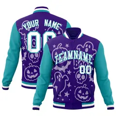Purple Aqua White Halloween Bats Pumpkins Ghost Letterman Jacket