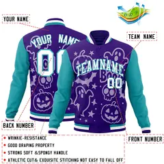 Purple Aqua White Halloween Bats Pumpkins Ghost Letterman Jacket 2