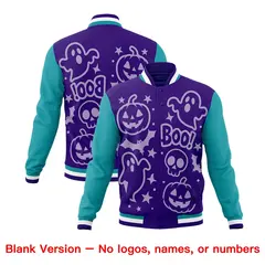 Purple Aqua White Halloween Bats Pumpkins Ghost Letterman Jacket 7