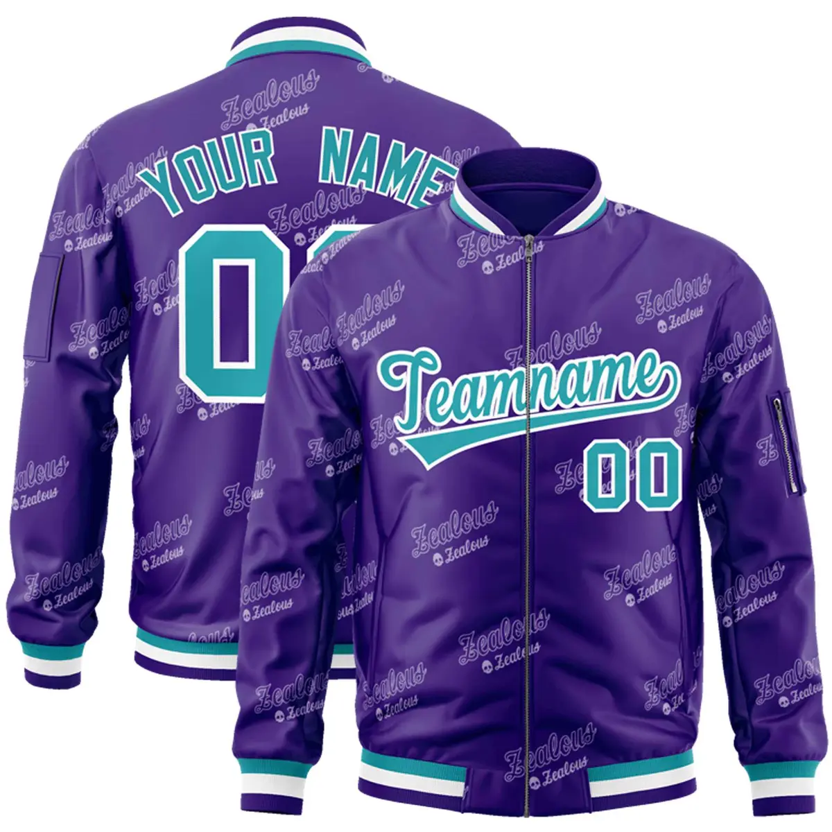 Purple Aqua-White Letter Full-Zip Varsity Bomber Jacket