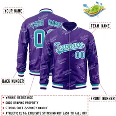 Purple Aqua-White Letter Full-Zip Varsity Bomber Jacket 2