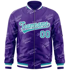 Purple Aqua-White Letter Full-Zip Varsity Bomber Jacket 3