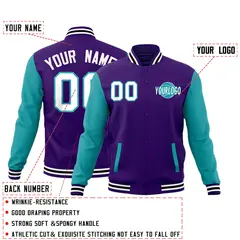 Purple Aqua White Raglan Sleeves Cotton Letterman Jacket 2