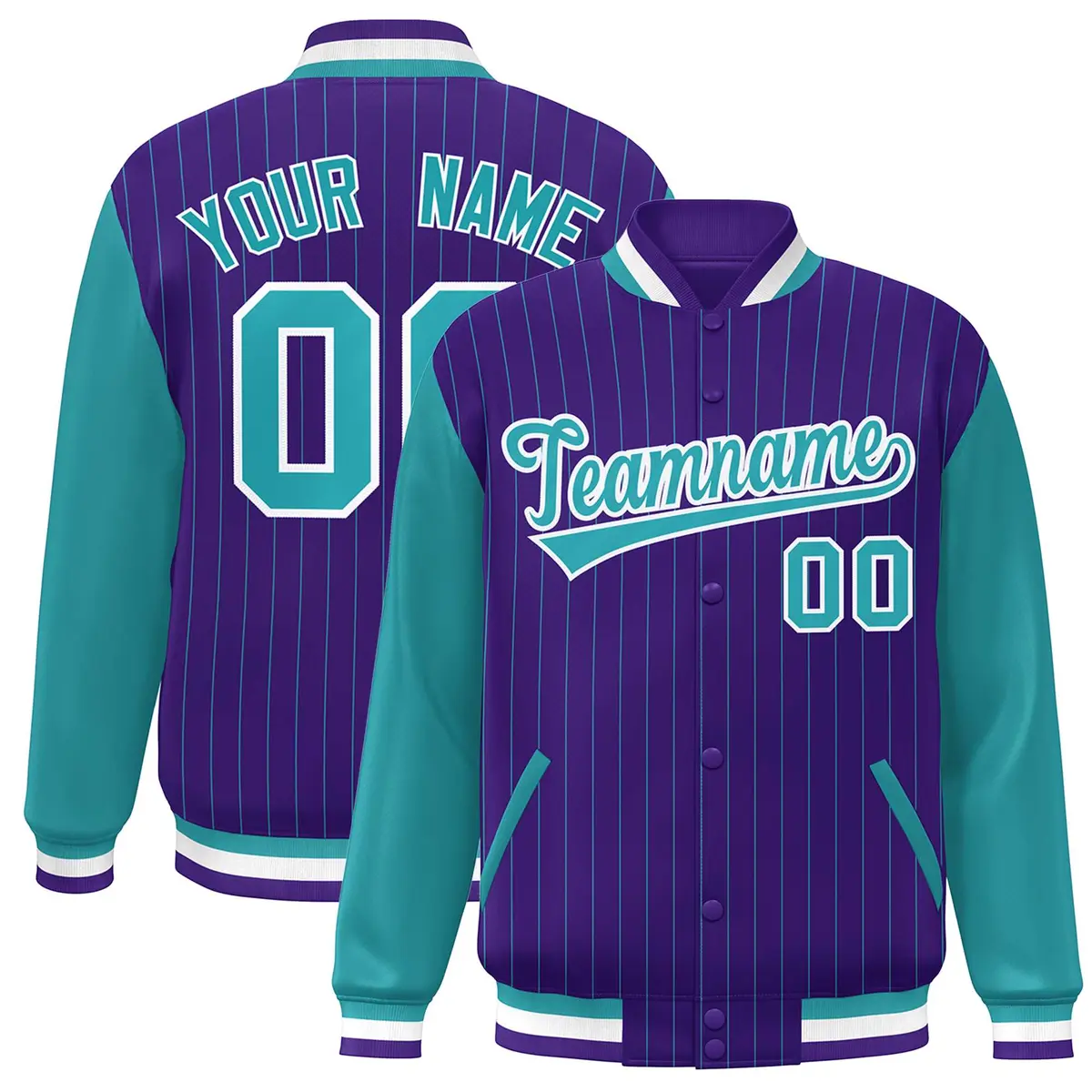 Purple Aqua-White Stripe Varsity Bomber Jacket with Raglan Sleeves