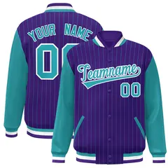 Purple Aqua-White Stripe Varsity Bomber Jacket with Raglan Sleeves