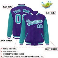 Purple Aqua-White Stripe Varsity Bomber Jacket with Raglan Sleeves 2