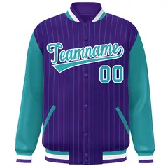 Purple Aqua-White Stripe Varsity Bomber Jacket with Raglan Sleeves 3