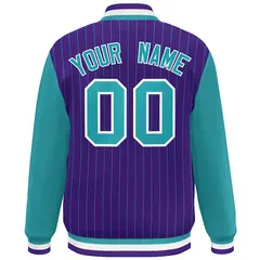 Purple Aqua-White Stripe Varsity Bomber Jacket with Raglan Sleeves 4