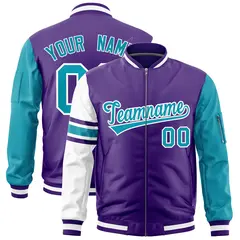 Purple Aqua-White Varsity Full-Zip Raglan Stripe Letterman Bomber Jacket 1