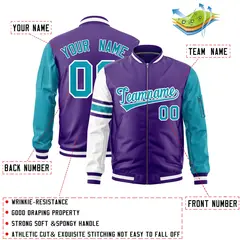 Purple Aqua-White Varsity Full-Zip Raglan Stripe Letterman Bomber Jacket 2