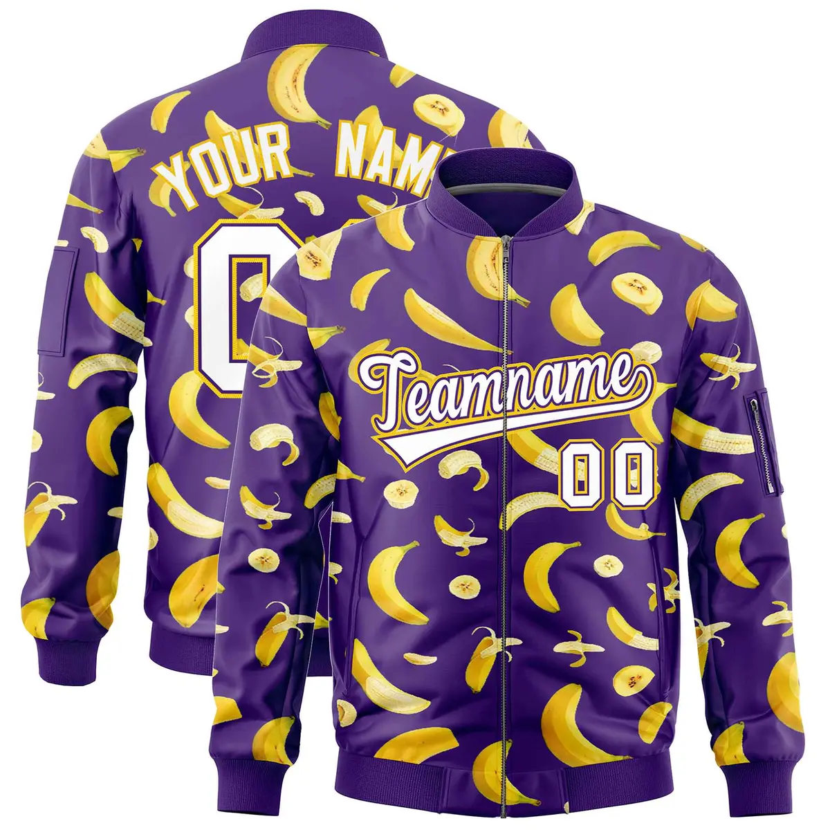 Purple Banana Pattern Varsity Letterman Bomber Jacket