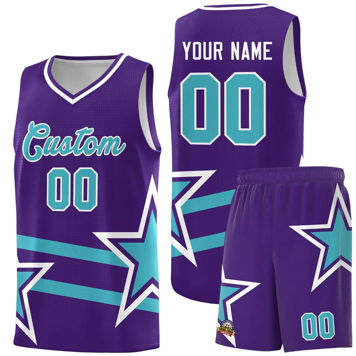 Purple Basketball Kit Sky Blue Star Pattern and Double Lines