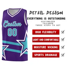 Purple Basketball Kit Sky Blue Star Pattern and Double Lines 2