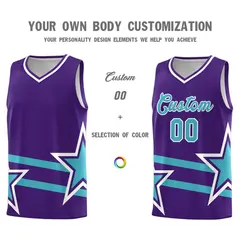 Purple Basketball Kit Sky Blue Star Pattern and Double Lines 3