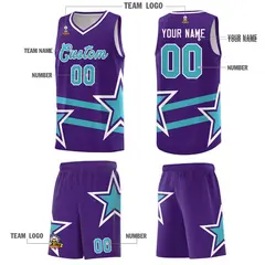Purple Basketball Kit Sky Blue Star Pattern and Double Lines 5