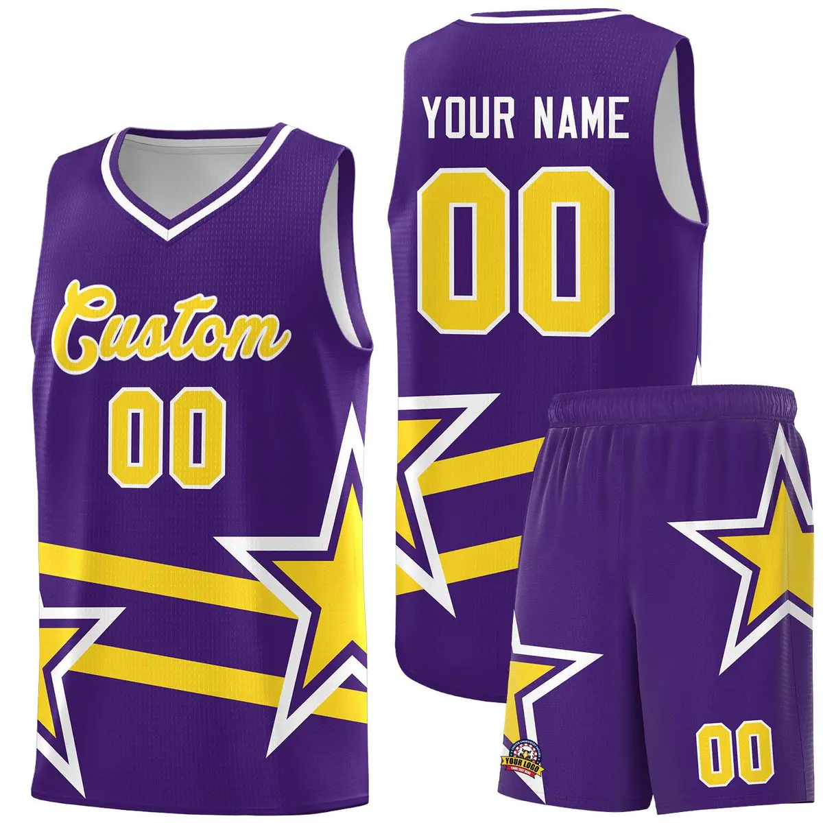Purple Basketball Kit with Gold Star Pattern and Double Lines