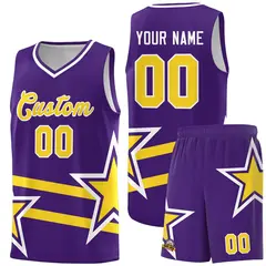 Purple Basketball Kit with Gold Star Pattern and Double Lines