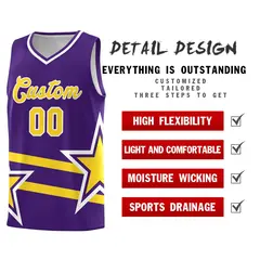 Purple Basketball Kit with Gold Star Pattern and Double Lines 2