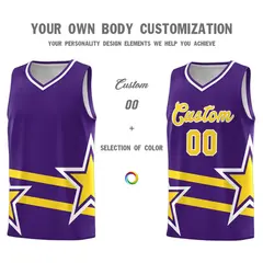 Purple Basketball Kit with Gold Star Pattern and Double Lines 3