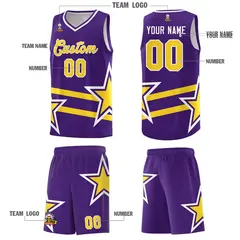 Purple Basketball Kit with Gold Star Pattern and Double Lines 5