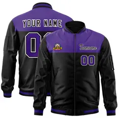 Purple Black Color Block Full-Zip Varsity Letterman Jacket
