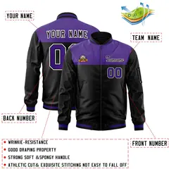 Purple Black Color Block Full-Zip Varsity Letterman Jacket 2