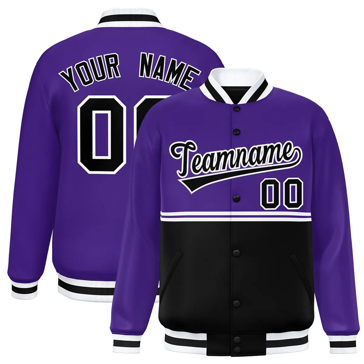 Purple Black Color Block Varsity Full-Snap Letterman Jacket