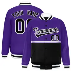 Purple Black Color Block Varsity Full-Snap Letterman Jacket 1