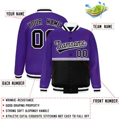 Purple Black Color Block Varsity Full-Snap Letterman Jacket 2