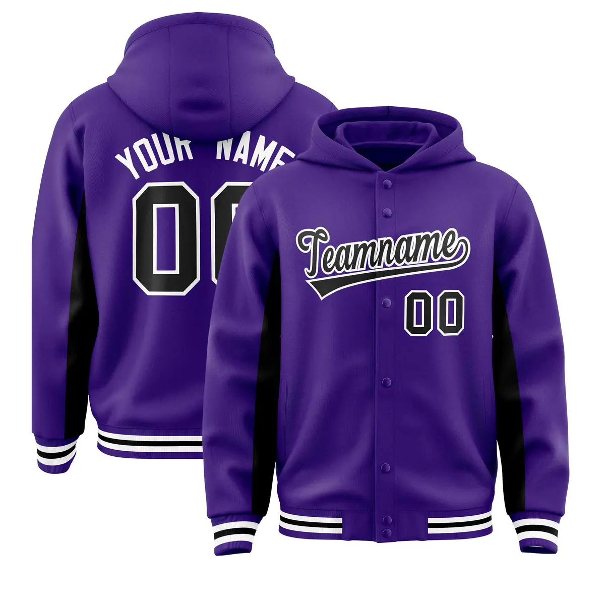 Purple Black Color Block Varsity Letterman Jacket Hoodie